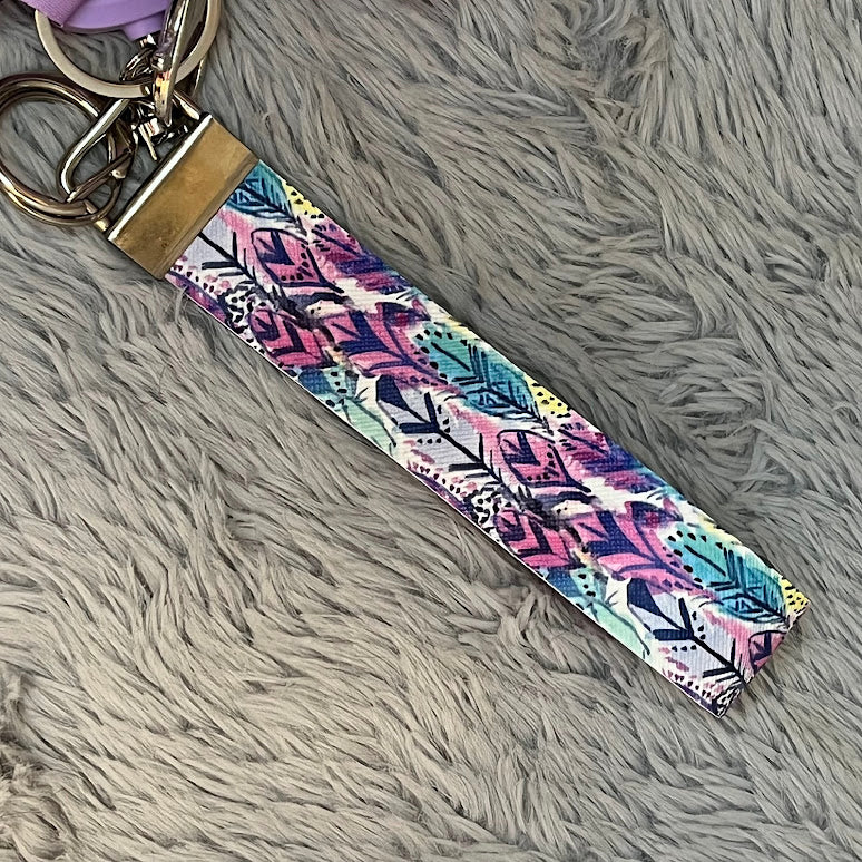 Feather Print Handmade Faux Leather Wristlet Safety Keychain Set