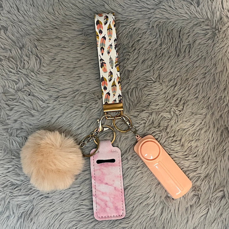 Feather Print Handmade Faux Leather Wristlet Safety Keychain Set