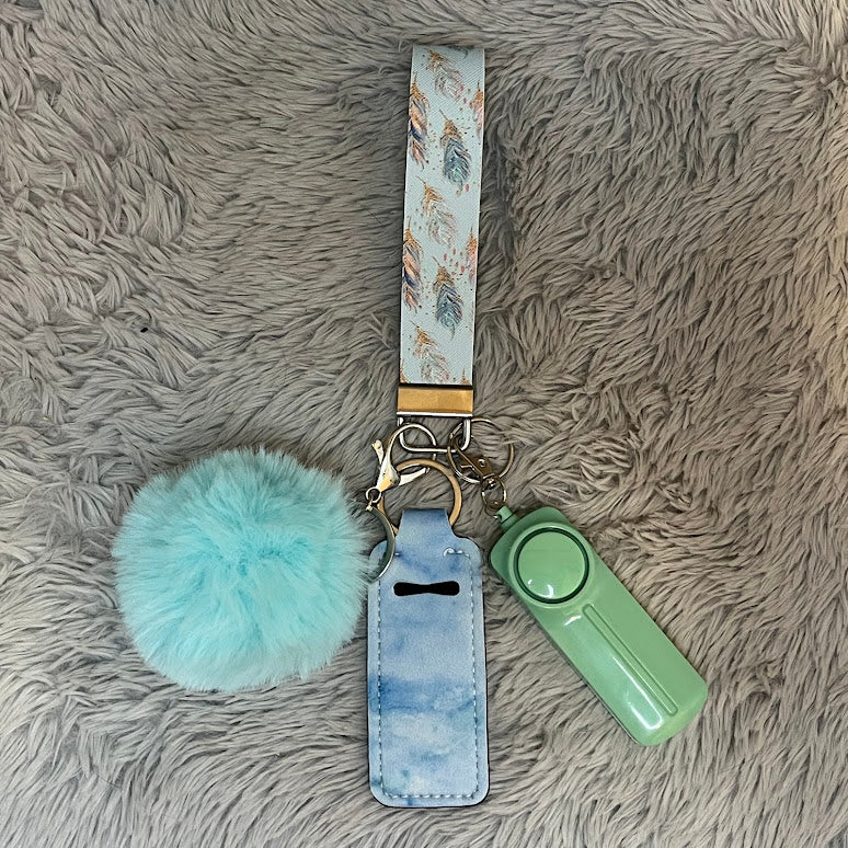 Feather Print Handmade Faux Leather Wristlet Safety Keychain Set