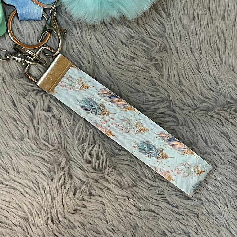 Feather Print Handmade Faux Leather Wristlet Safety Keychain Set