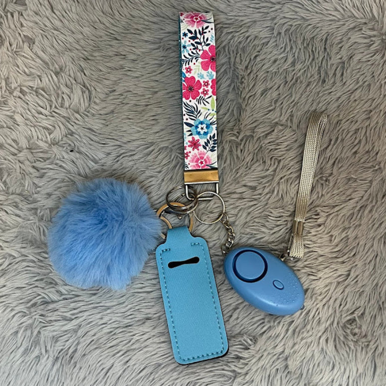 Floral Print Handmade Faux Leather Wristlet Safety Keychain Set