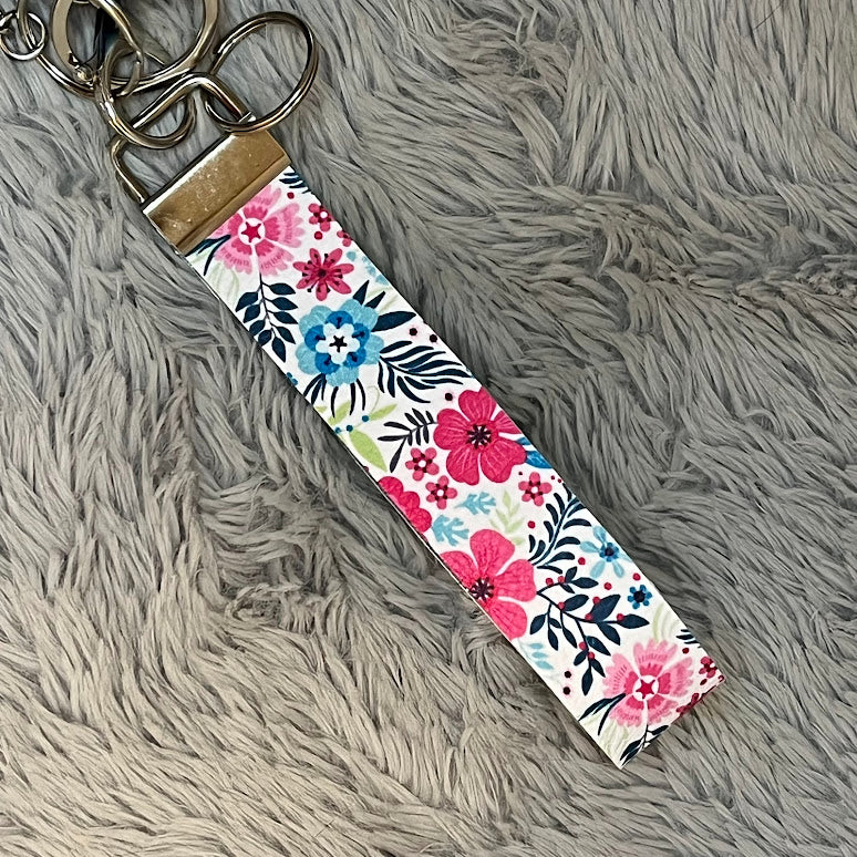 Floral Print Handmade Faux Leather Wristlet Safety Keychain Set