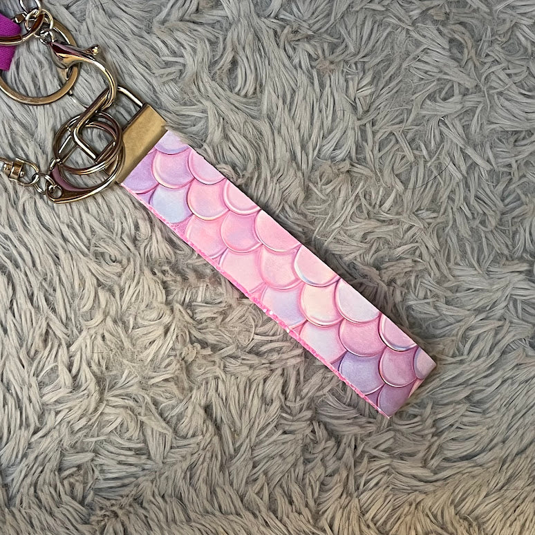 Mermaid Print Handmade Faux Leather Wristlet Safety Keychain Set