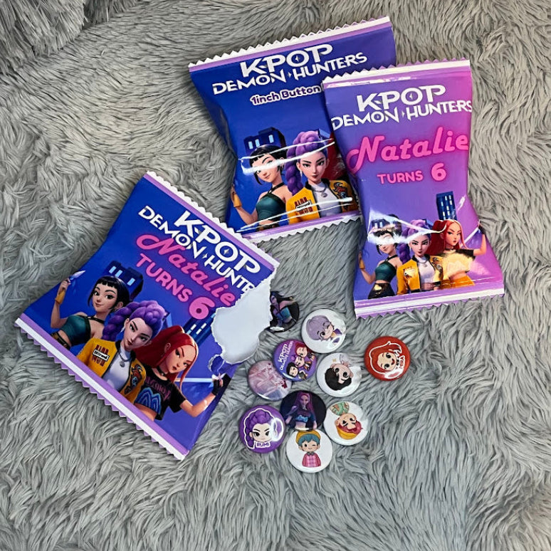 Kpop Demon Hunters 1" Button Pins – Custom Name Packaging | Anime Party Favor Pins