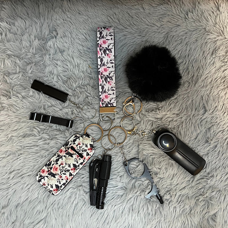 Black and White Floral Print Faux Leather Wristlet Safety Keychain