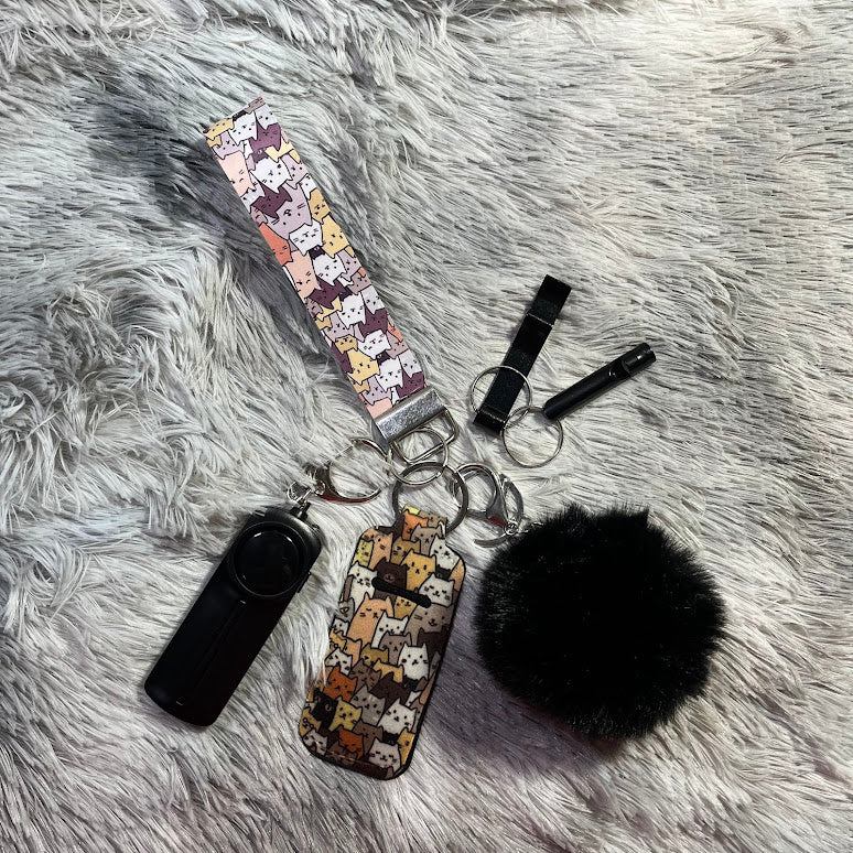 Cat print Faux Leather Wristlet Safety Keychain