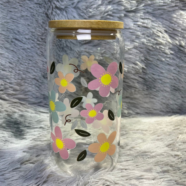 Pastel Floral Glass Cup | Cute Flower Can Tumbler
