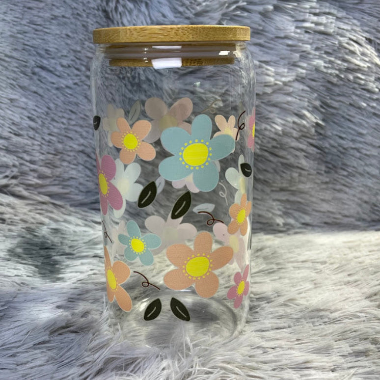 Pastel Floral Glass Cup | Cute Flower Can Tumbler