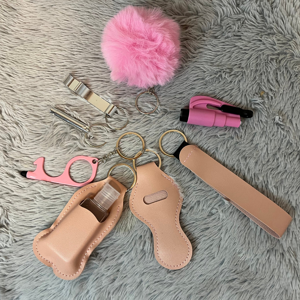 9pcs Faux Leather Safety Keychain Set
