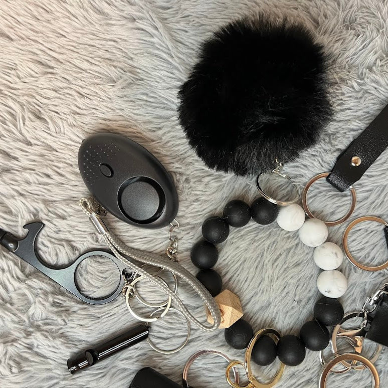 12-Piece Black Beaded Wristlet Safety Keychain Set