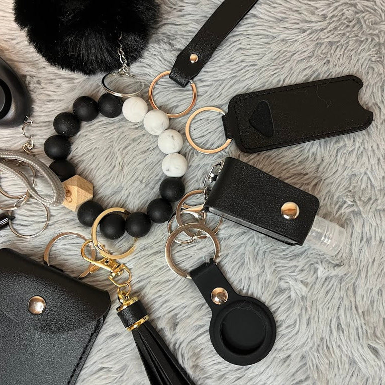 12-Piece Black Beaded Wristlet Safety Keychain Set