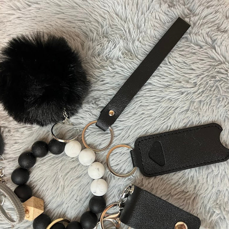 12-Piece Black Beaded Wristlet Safety Keychain Set