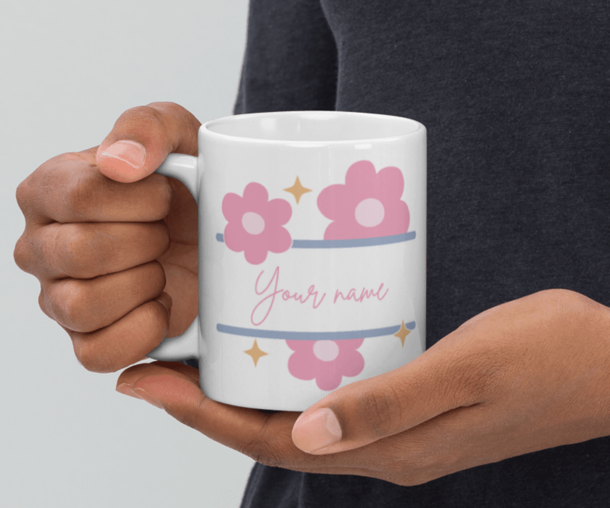Personalized Cute Flower Mug | Custom Name Mug | Smiley Rainbow Coffee Mug