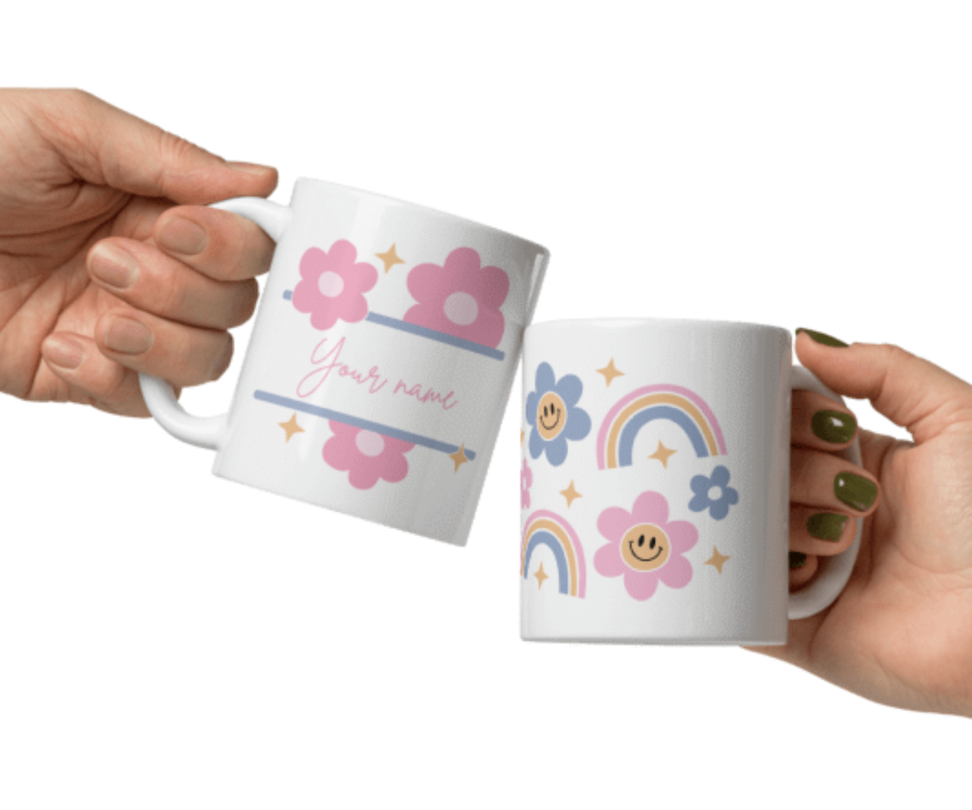 Personalized Cute Flower Mug | Custom Name Mug | Smiley Rainbow Coffee Mug