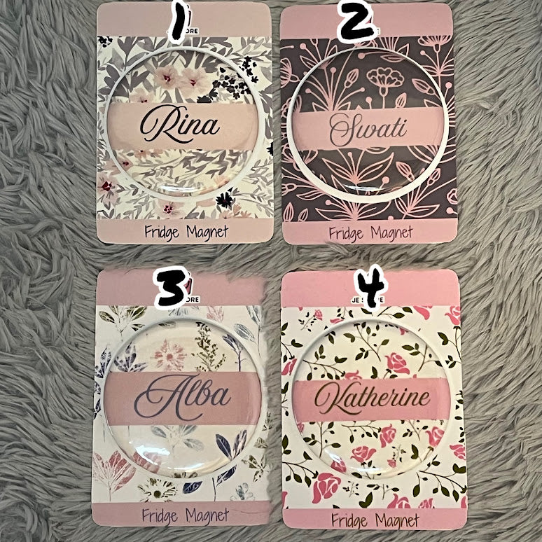 Personalized Name Fridge Magnet | Floral Custom Name Badge Button Pin | Pocket Mirror | Custom Keychain