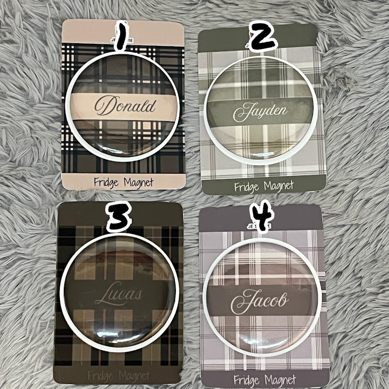 Personalized Name Fridge Magnet | Plaid Themed Design Custom Name Badge Button Pin | Pocket Mirror | Custom Keychain
