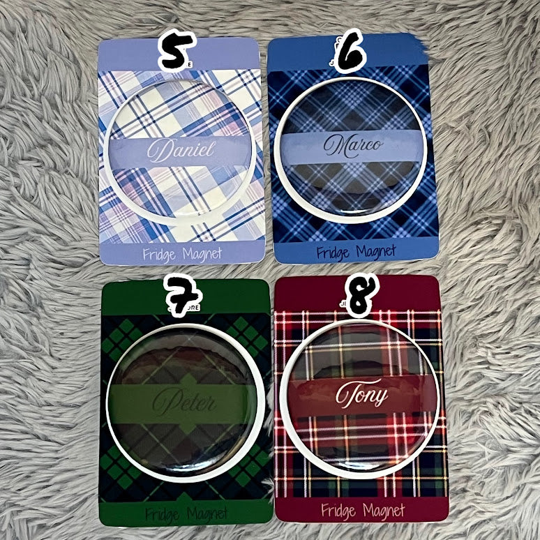 Personalized Name Fridge Magnet | Plaid Themed Design Custom Name Badge Button Pin | Pocket Mirror | Custom Keychain