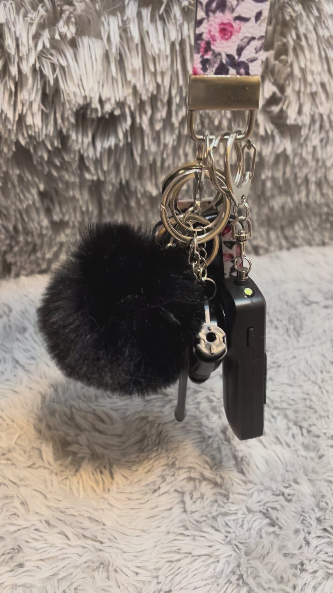 Black and White Floral Print Faux Leather Wristlet Safety Keychain