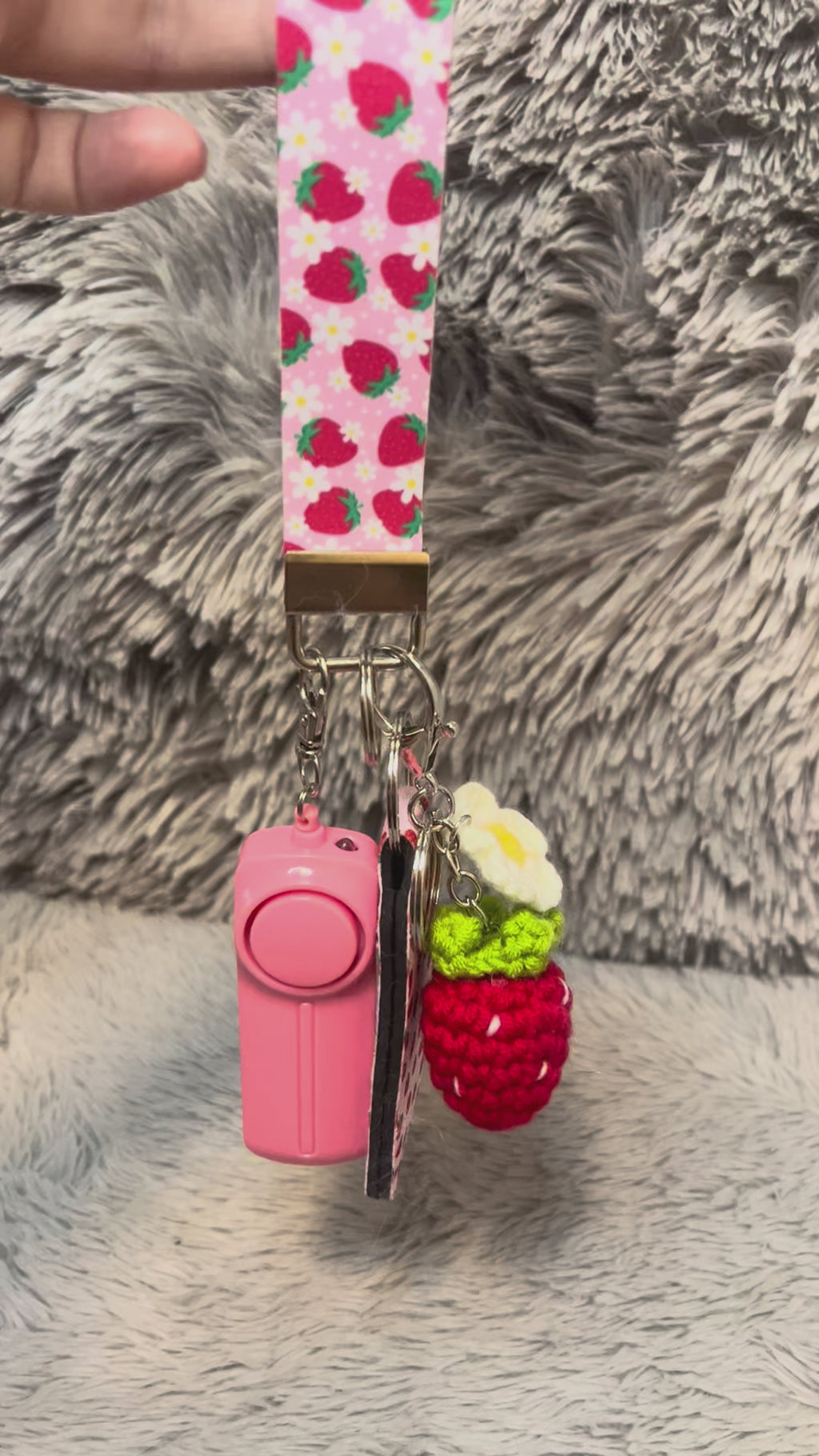Strawberry Print Handmade Faux Leather Wristlet Safety Keychain Set